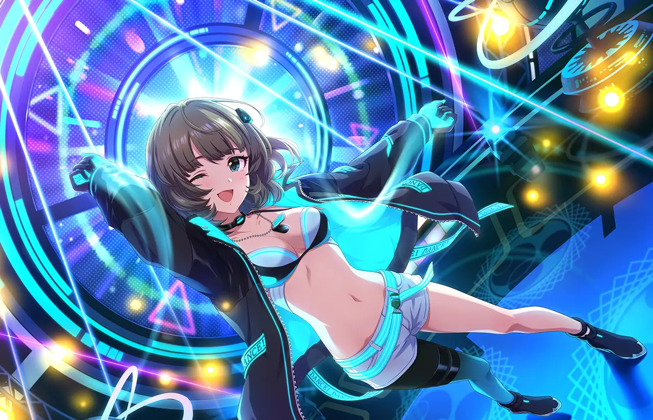 Illustration de la carte [Dance Dance Dance]+ de l'idole Kaede Takagaki, apparaissant dans le jeu mobile THE iDOLM@STER Cinderella Girls Starlight Stage.