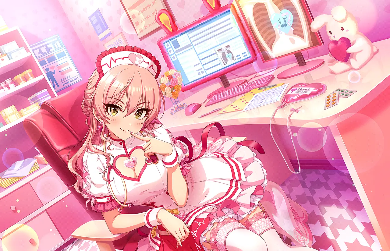 Illustration de la carte SSR [Halloween Love★Nurse]+ de l'idole Mika Jougasaki, apparaissant dans le jeu mobile THE iDOLM@STER Cinderella Girls Starlight Stage.