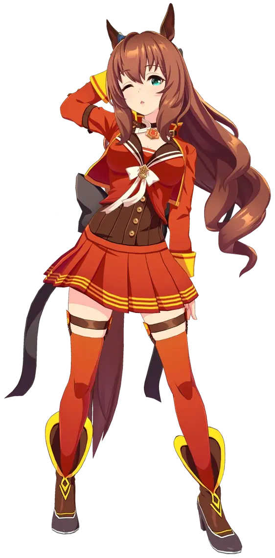 Uma Musume Pretty Derby, illustration de Maruzensky habillée de sa tenue de course Rouge Formula.