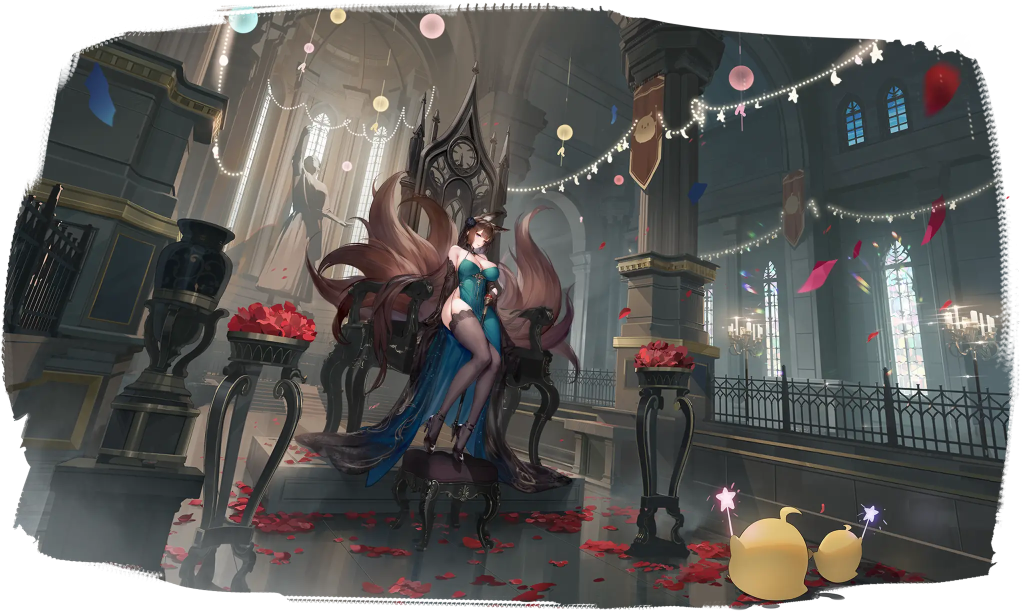 Illustration dessinée par 股间少女 (@gujianshaonv), représentant le Porte-avions de la faction Sakura Empire du jeu Azur Lane, Amagi(CV) dans son skin Throne of Fallen Petals.