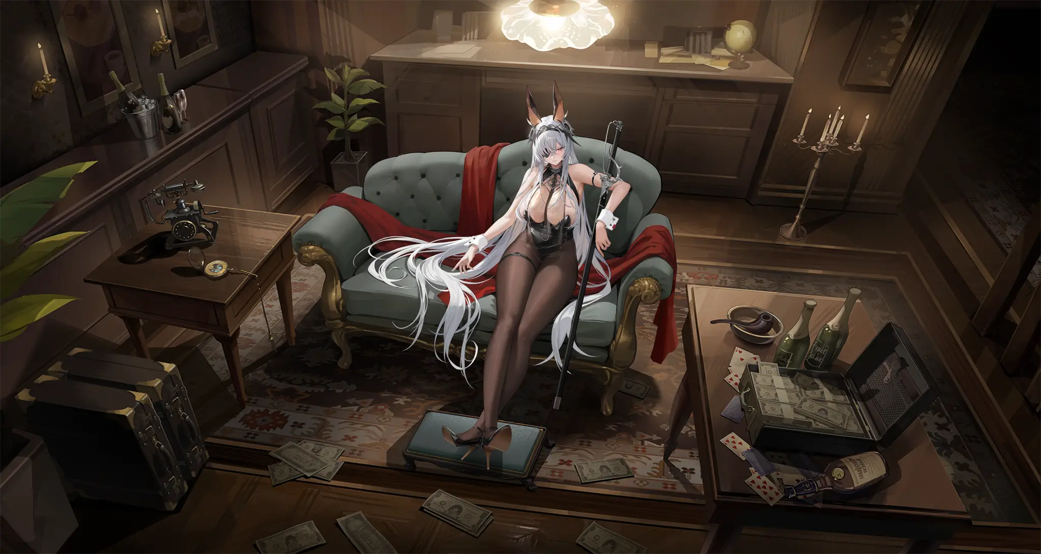 Illustration représentant le Porte-avions de la faction Iron Blood du jeu Azur Lane, Fritz Rumey dans son skin Schwarzes Kaninchen.