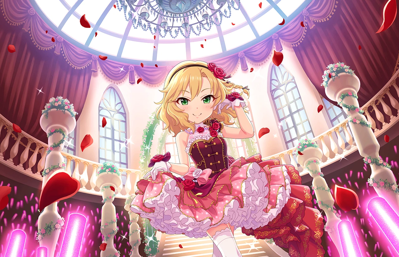 Illustration de Momoka Sakurai, habillée de son costume de scène Rose Fleur