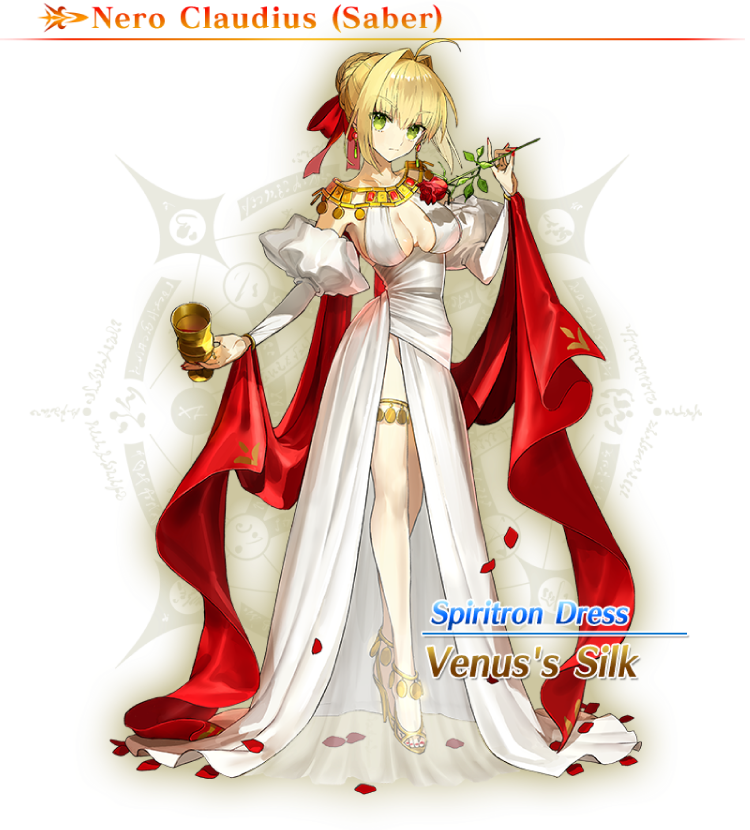 Illustration du jeu "Fate/Grand Order", dessinée par le créateur de personnages Arco Wada, présentant Saber/Nero Claudius dans sa robe esprit "Venus's Silk"