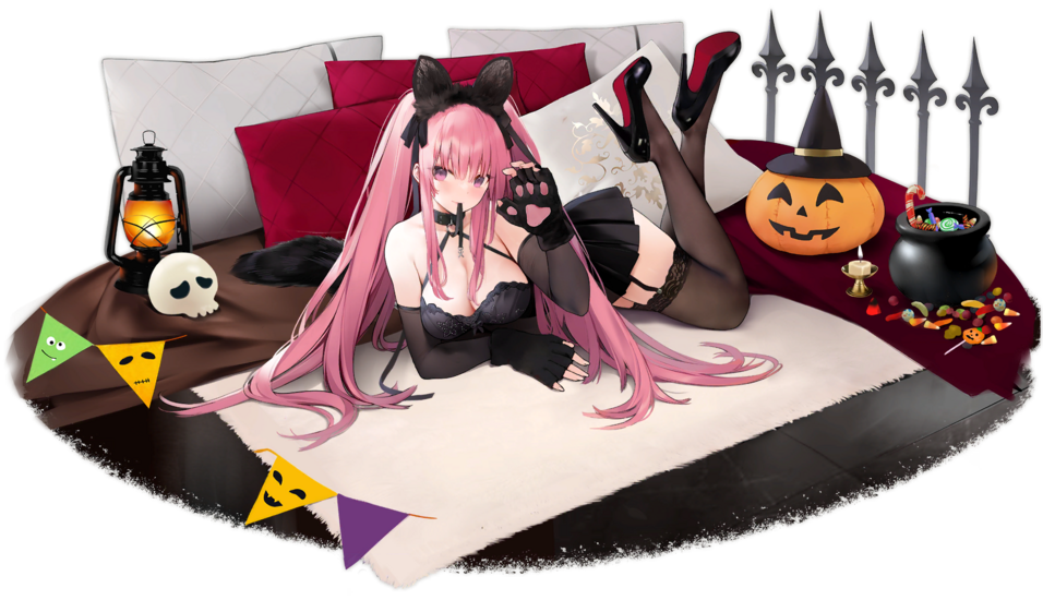 Illustration du skin Black Cat of All Hallows' Eve du croiseur léger de la faction Vichya Dominion : La Galissonnière, dessinée par Suisai