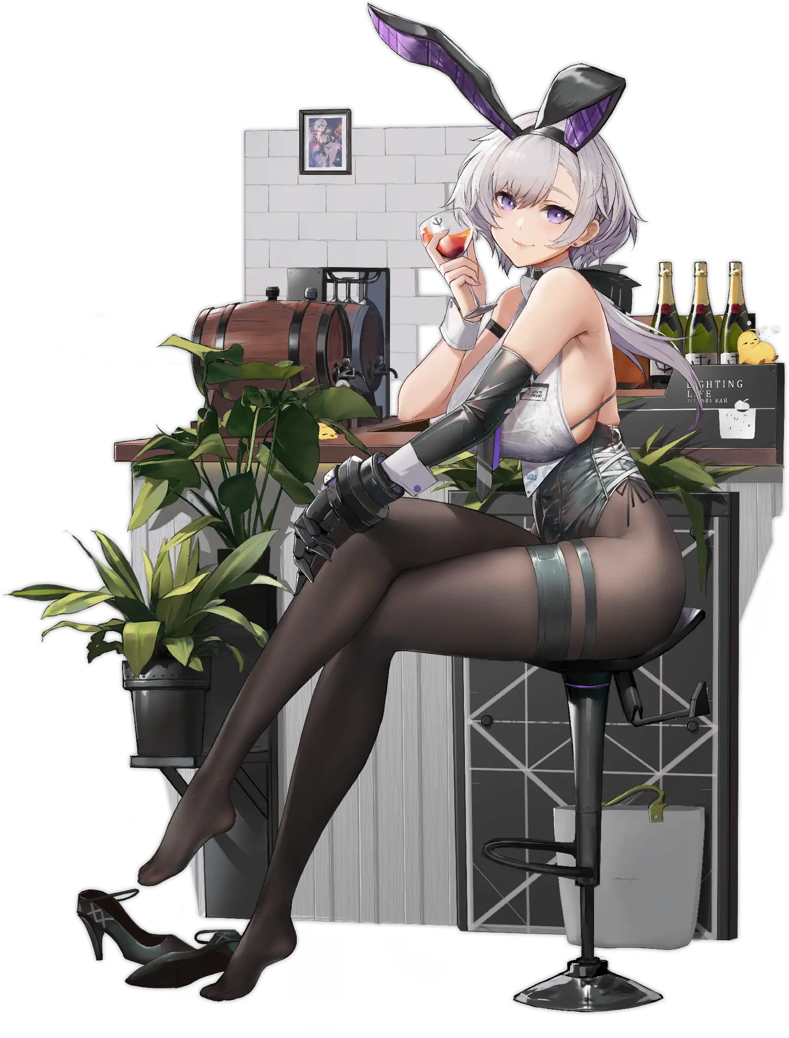 Illustration du skin Reno Bunnino, dessinée par Pandea, mettant en scène Reno, le croiseur léger de la faction Eagle Union, habillée d'une tenue de bunny girl.