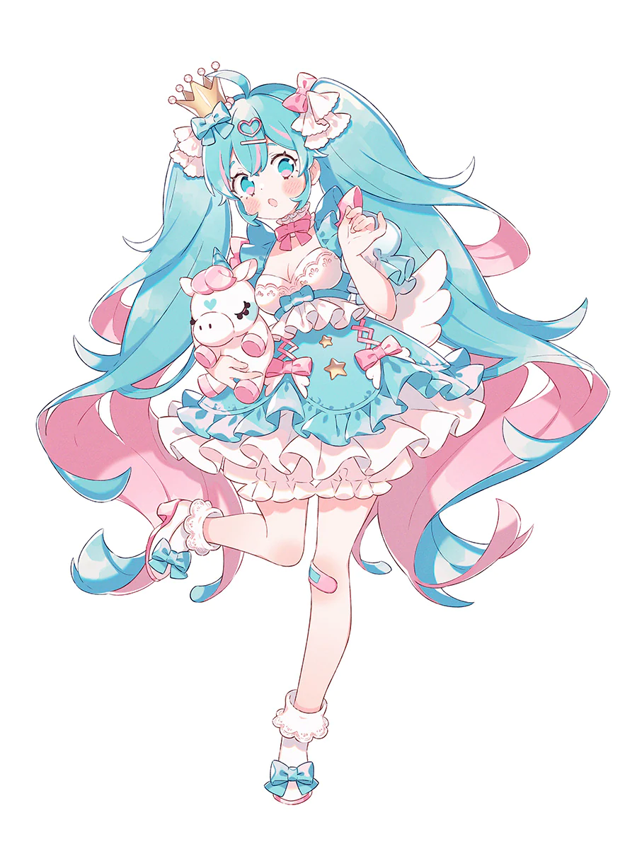 Illustration dessinée par Uekura Eku qui met en avant la belle idole virtuelle : Hatsune Miku, transformée en une mignonne princesse de rêve.