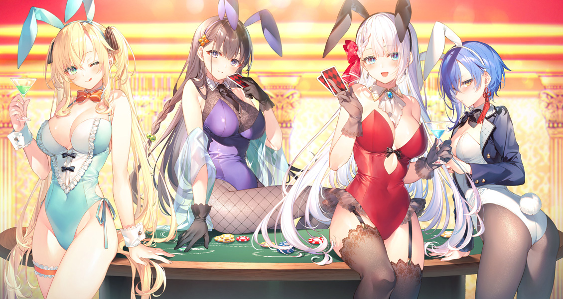 Illustration originale dessinée par Tosaka Asagi, présentant les principales protagonistes de la série "The Demon Sword Master of Excalibur Academy", habillées de costumes de bunny girl de casino.