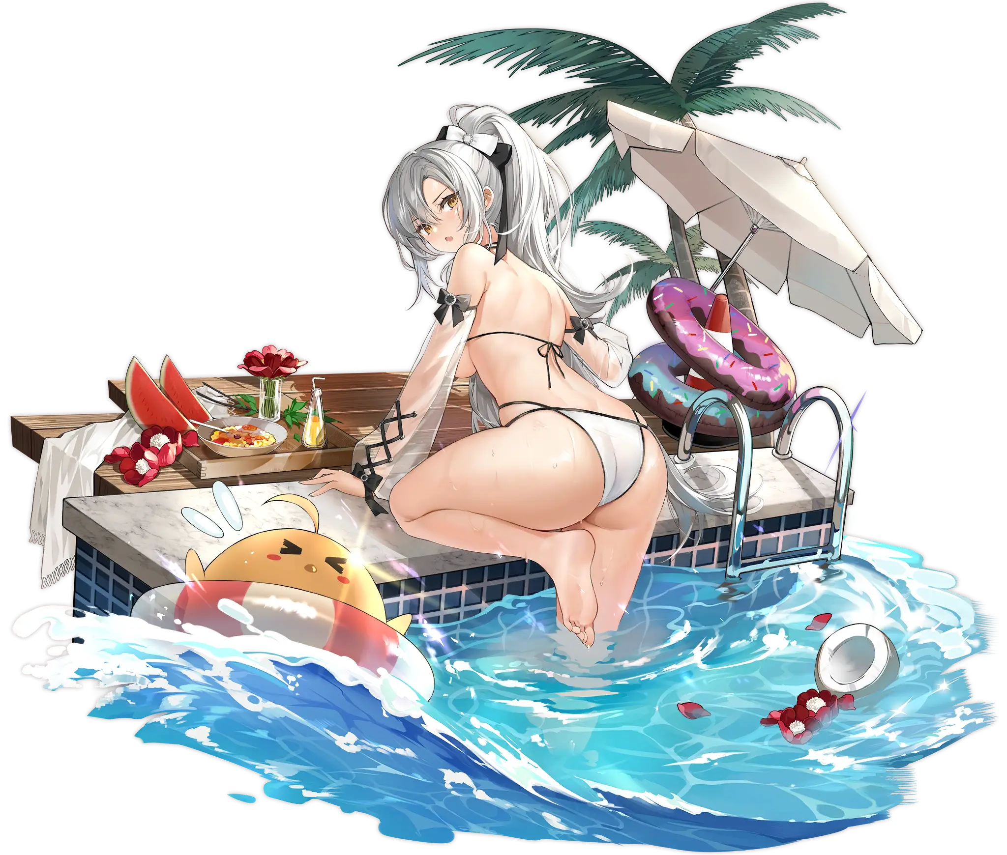 Illustration du Skin : The Golden Hind's Respite du personnage de Drake, croiseur lourd de la faction Royal Navy, disponible dans le jeu "Azur Lane", dessinée par Manjuu Art Group.