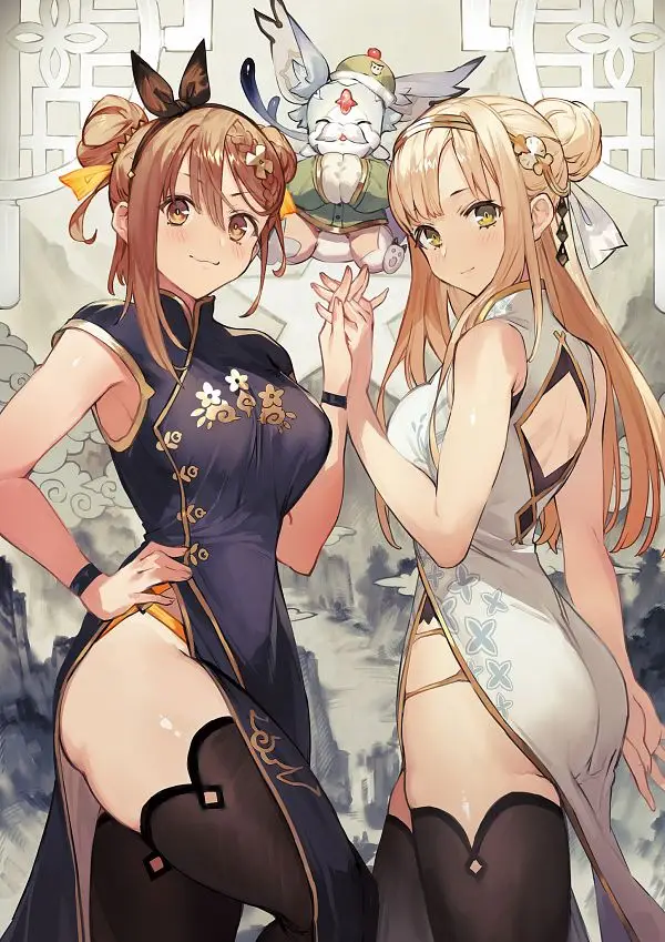 Illustration dessinée par Toridamono, présentant les personnage du jeu video Atelier Ryza 2 Lost Legends & The Secret Fairy, Reisalin Ryza Stout et Klaudia Valentz, habillées de robes chinoises.
