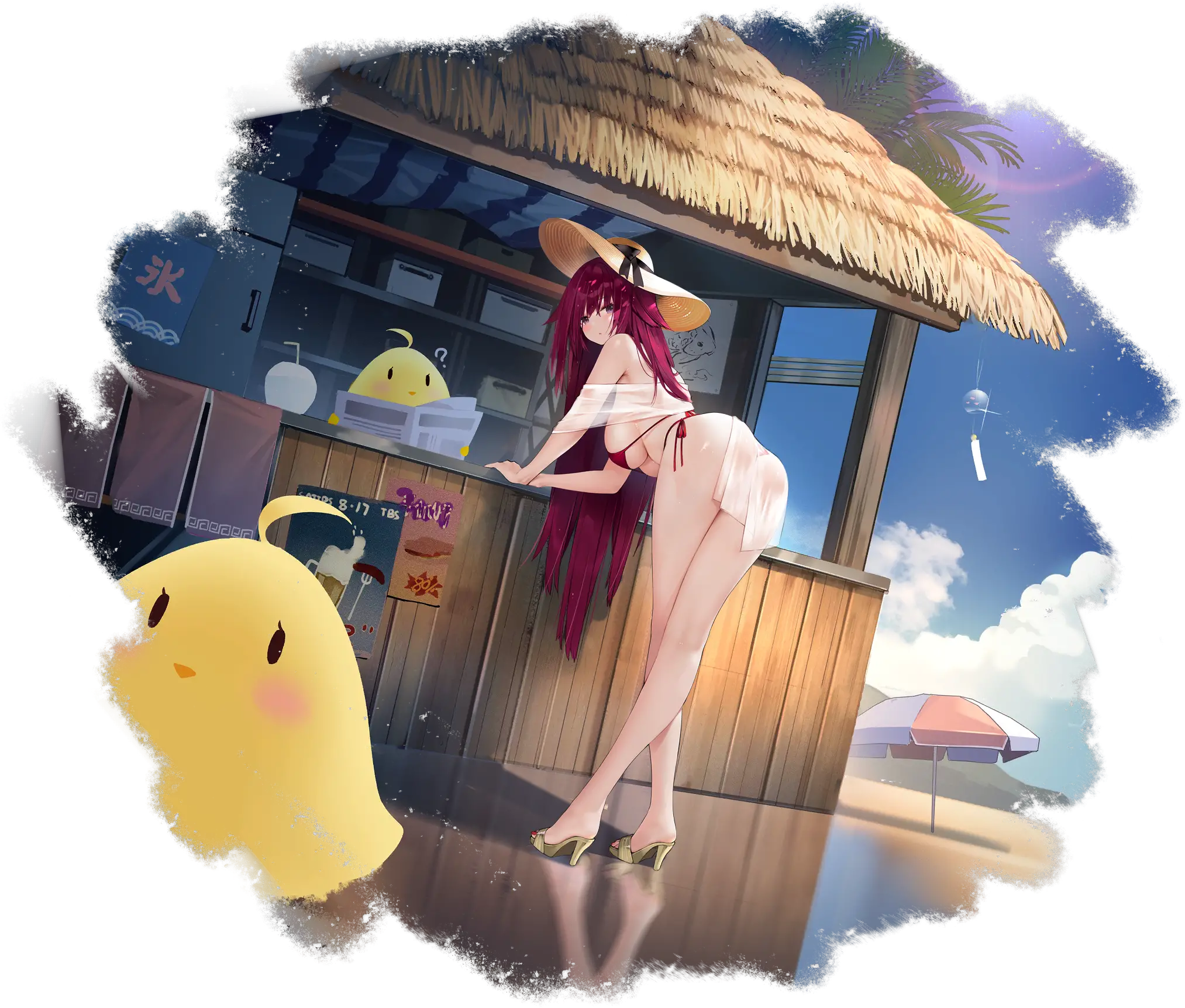 Illustration du Skin : "Summer Shine" du personnage de Chitose, le Porte-avions léger de la faction Sakura Empire et de classe Zuihou, disponible dans le jeu "Azur Lane", dessinée par yuui（ゆうい).