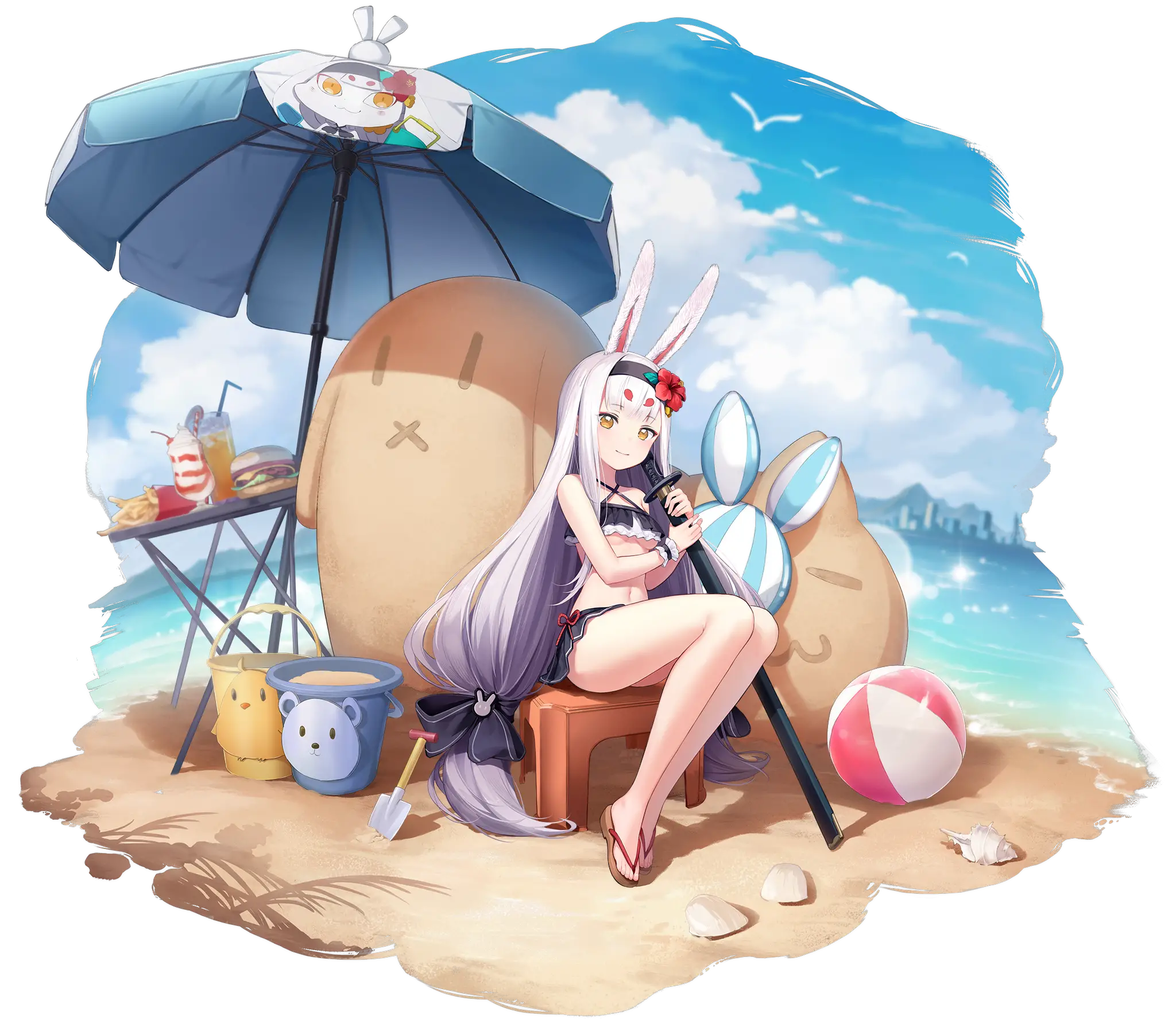 Illustration du skin : "The Island Wind Rests" du personnage de Shimakaze, Destroyer de la faction Sakura Empire, dessinée par 黒星紅白 (Kuroboshi) et disponible dans le jeu "Azur Lane".