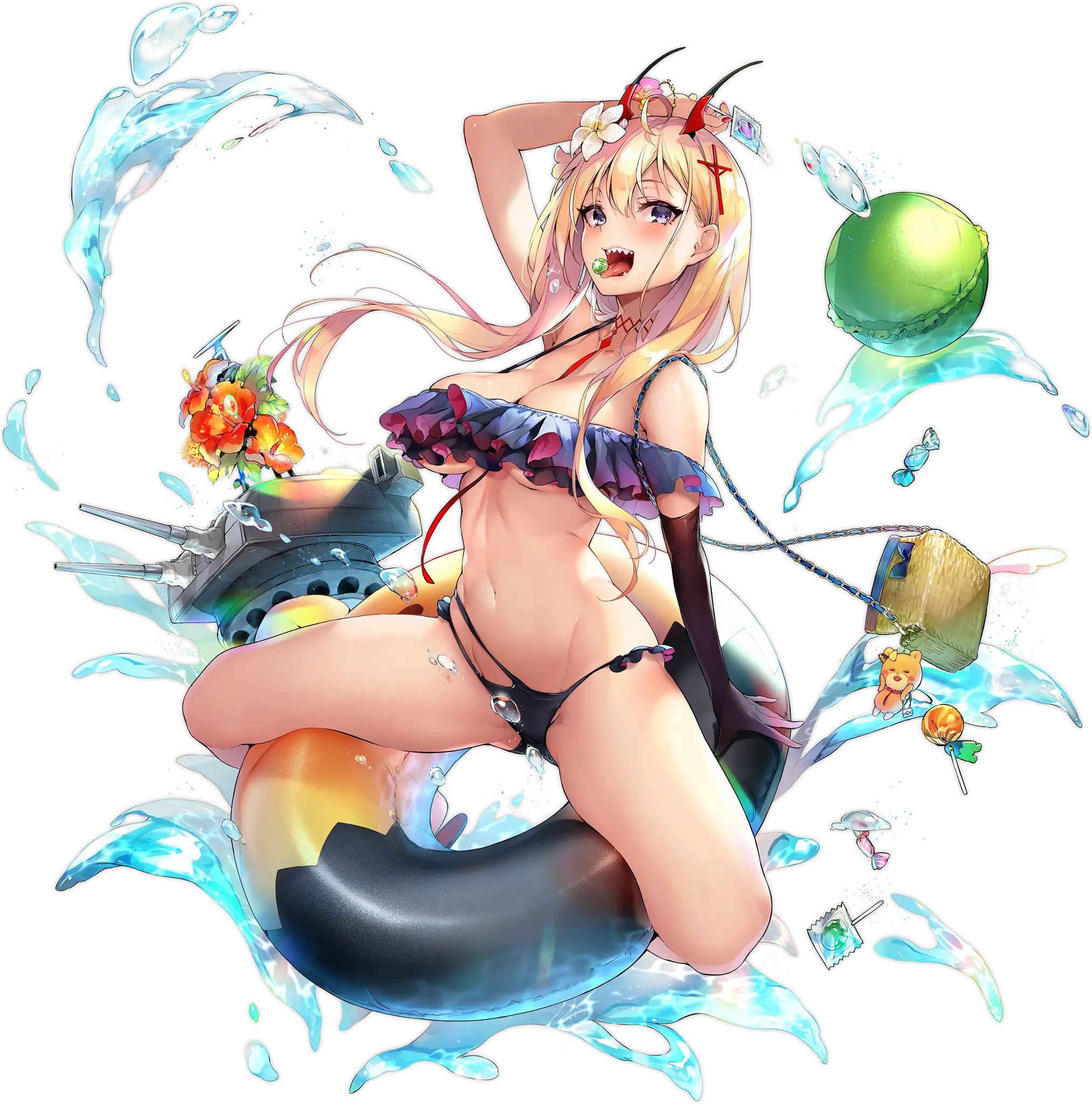 Illustration du skin : "Fancy Waves" du personnage de Kumano, Croiseur lourd de la faction Sakura Empire de classe Mogami, dessinée par ぴょん吉 (@pyon_Kti) et disponible dans le jeu "Azur Lane".