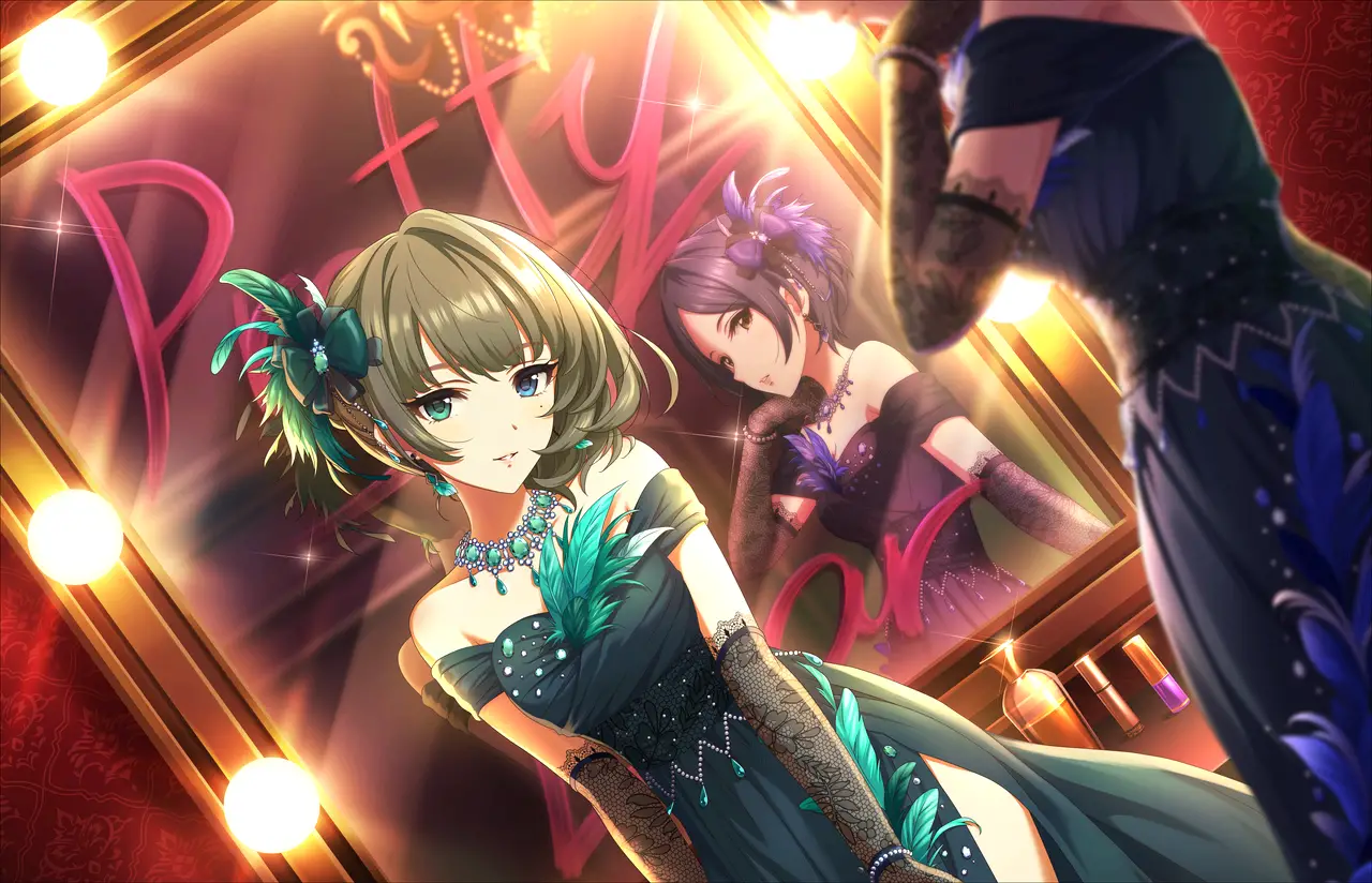 Illustration de la carte [Pretty Liar]+ de l'idole Kaede Takagaki, apparaissant dans le jeu mobile "THE iDOLM@STER Cinderella Girls Starlight Stage".