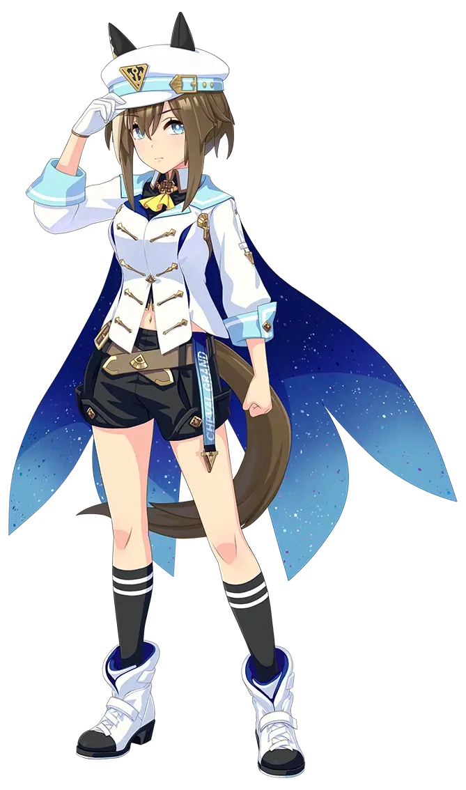 "Uma Musume: Pretty Derby", illustration de Cheval Grand habillée de sa tenue de course : Grand Itinéraire.