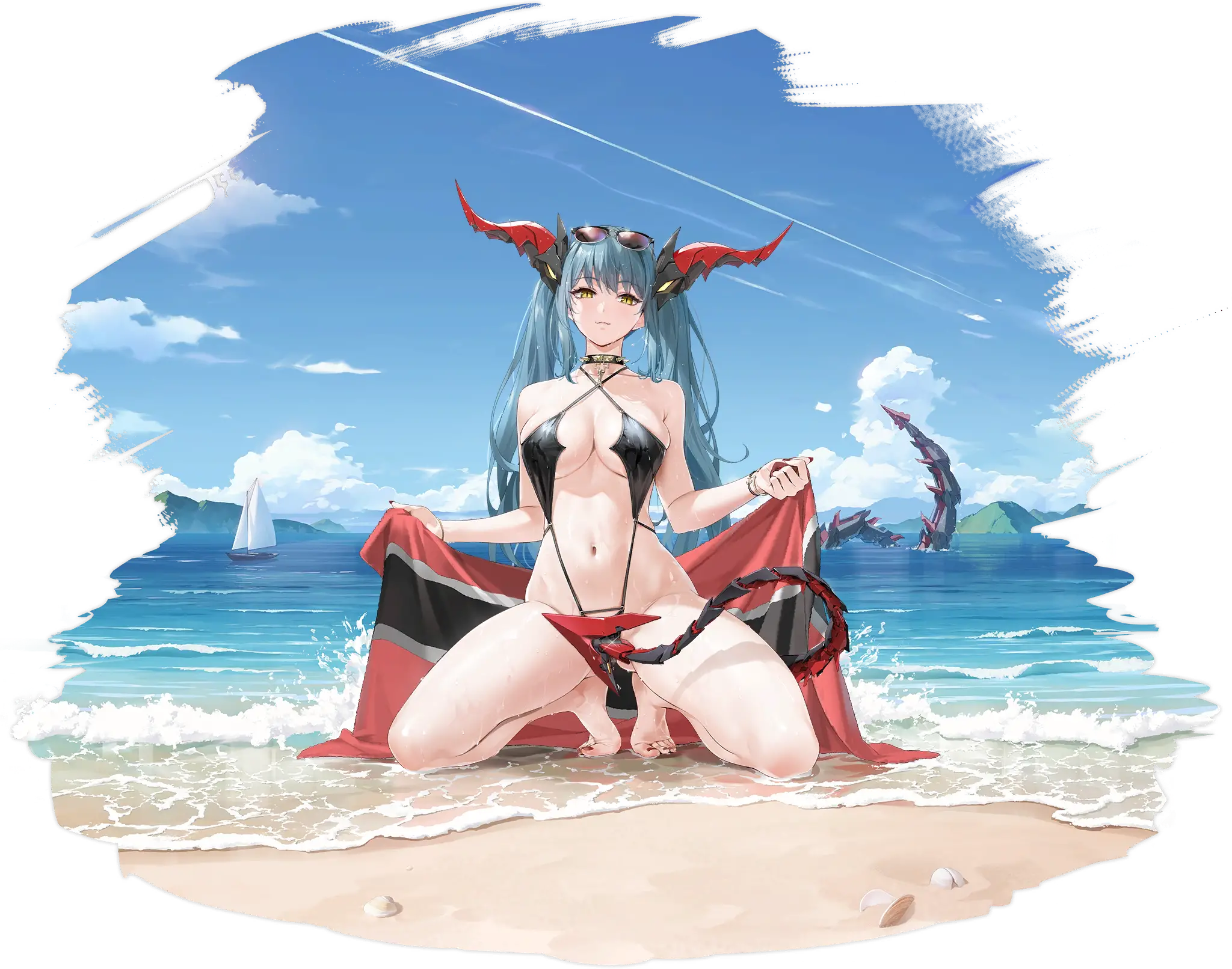 Illustration dessinée par YG (@ydh2101), représentant le Croiseurs légers de classe M (German) de la faction Iron Blood du jeu Azur Lane, Regensburg dans son skin Dark Dragon, Brilliant Beach.