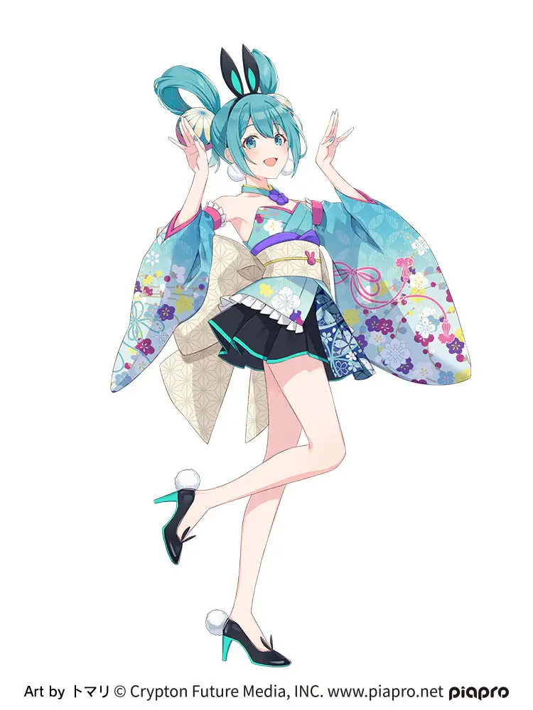 Une illustration dessinée par Tomari présentant la célèbre vocaloid : Hatsune Miku habillée d'un costume de lapin portant un kimono.