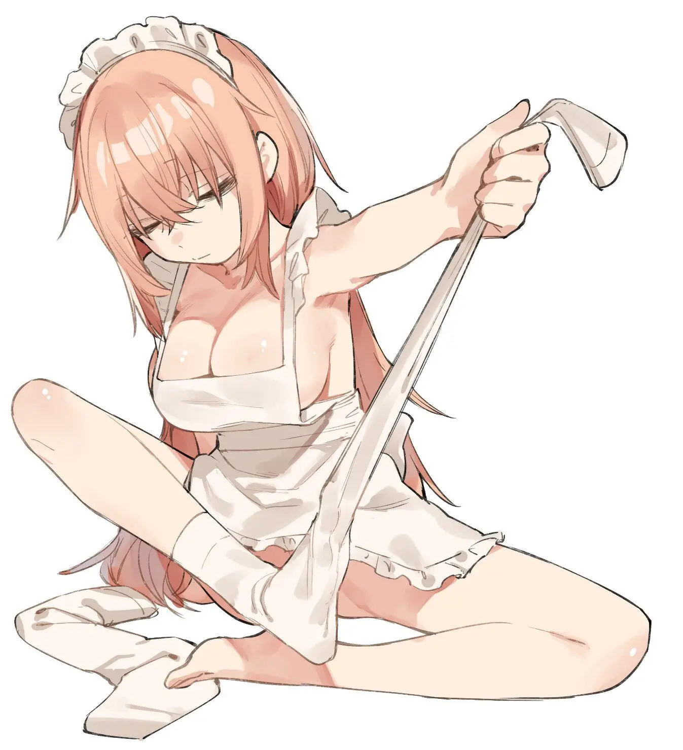 Illustration originale, qui présente Komaro Michinoku de la licence Seitokai ni mo Ana wa Aru! vêtu d'un tablier nu (apron-only), en train d’enlever ses bas jusqu’aux genoux.