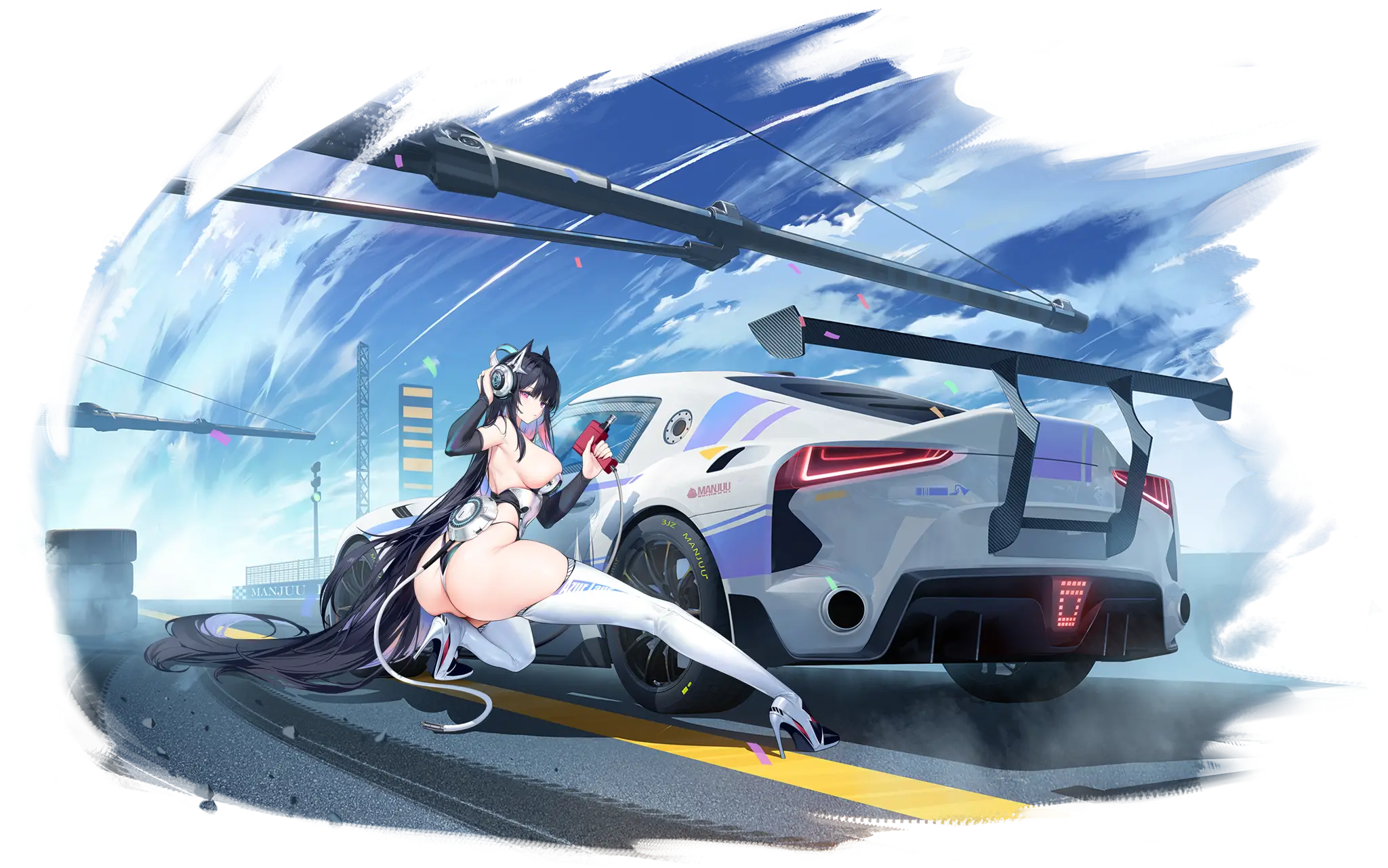 Illustration représentant le Croiseur de bataille de classe Dunkerque de la faction Vichya Dominion du jeu Azur Lane, Strasbourg dans son skin Faerie of the Race Circuit.