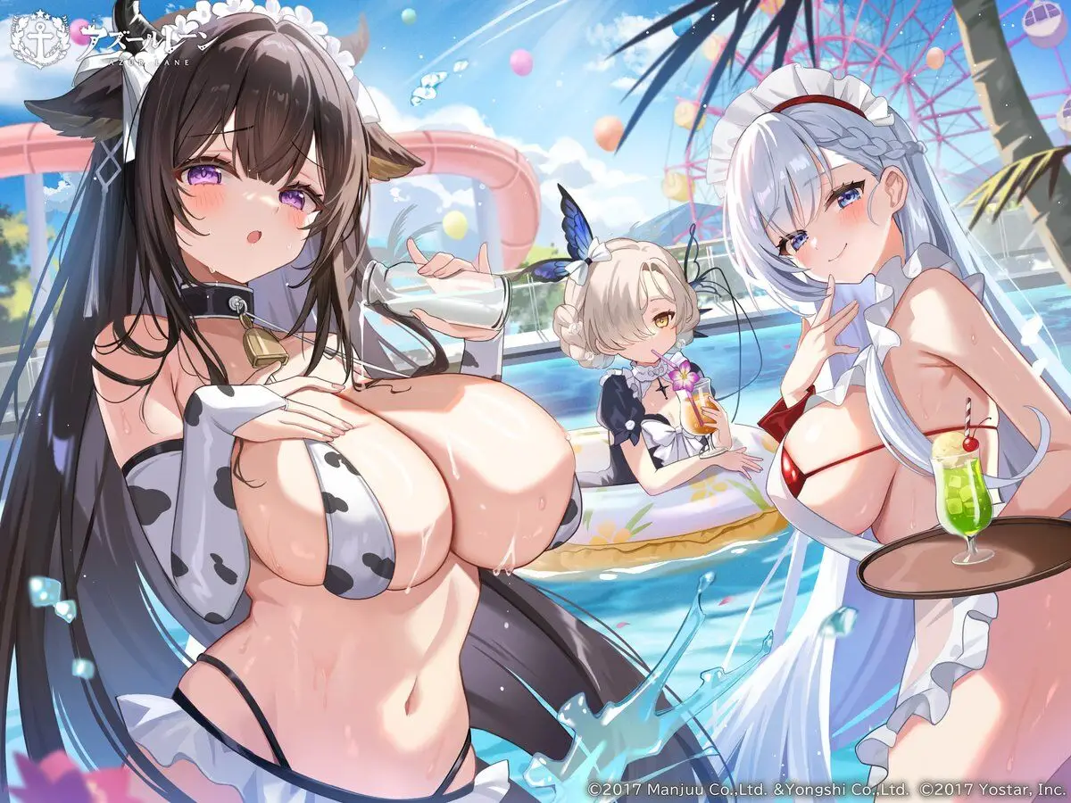 Artwork issu du jeu pour mobile Azur Lane, pr&eacute;sentant les personnages  Kashino le navire de munitions de la faction Sakura Empire, Sheffield et Belfast les Croiseur l&eacute;gers de classe Twon de la faction Royal