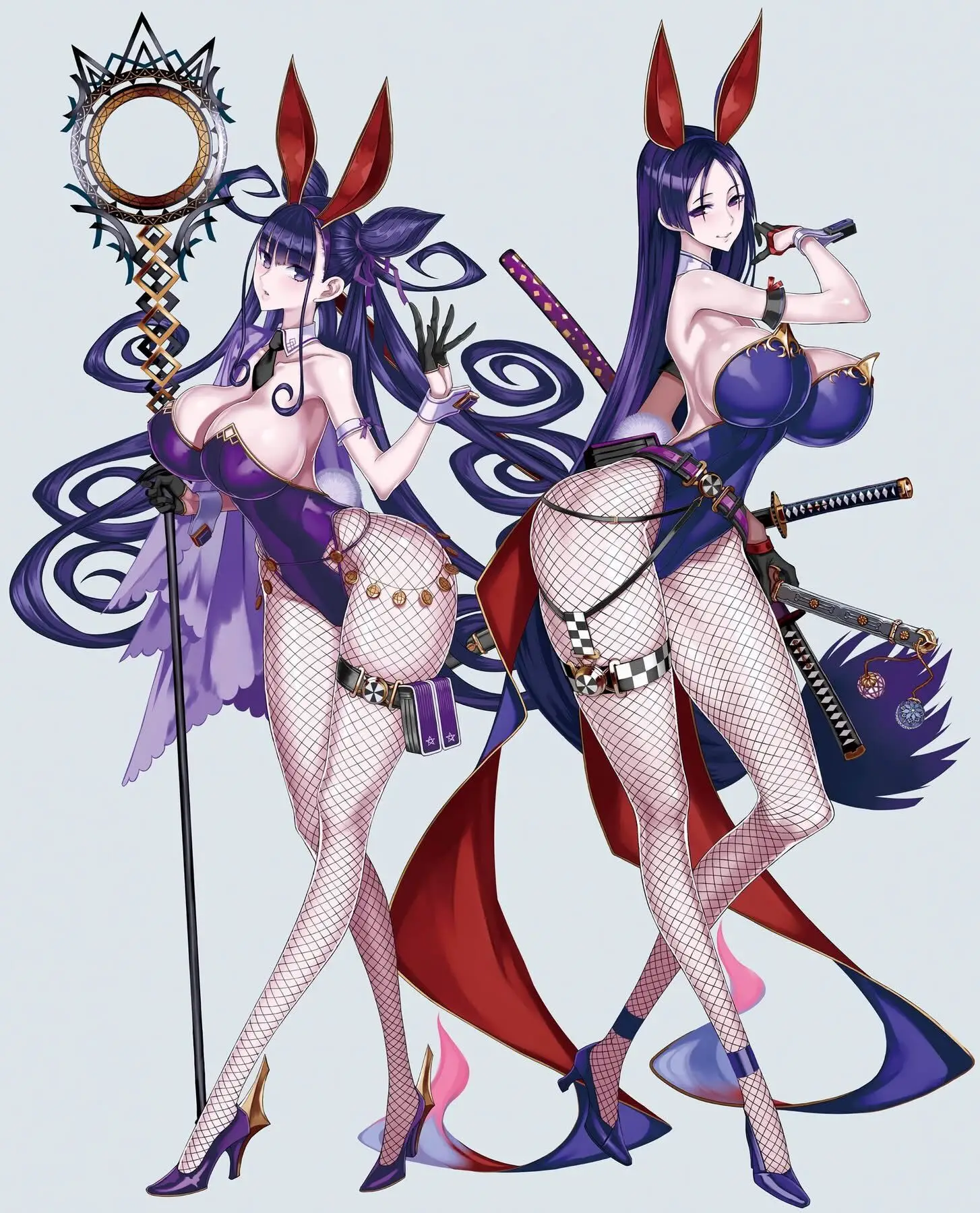 Fate/Grand Order : Illustration de dessin&eacute;e par RAITA, pr&eacute;sentant la servante de Classe Berserker et Caster, Minamoto no Raikou et Murasaki Shikibu, fa&ccedil;on bunny girl.