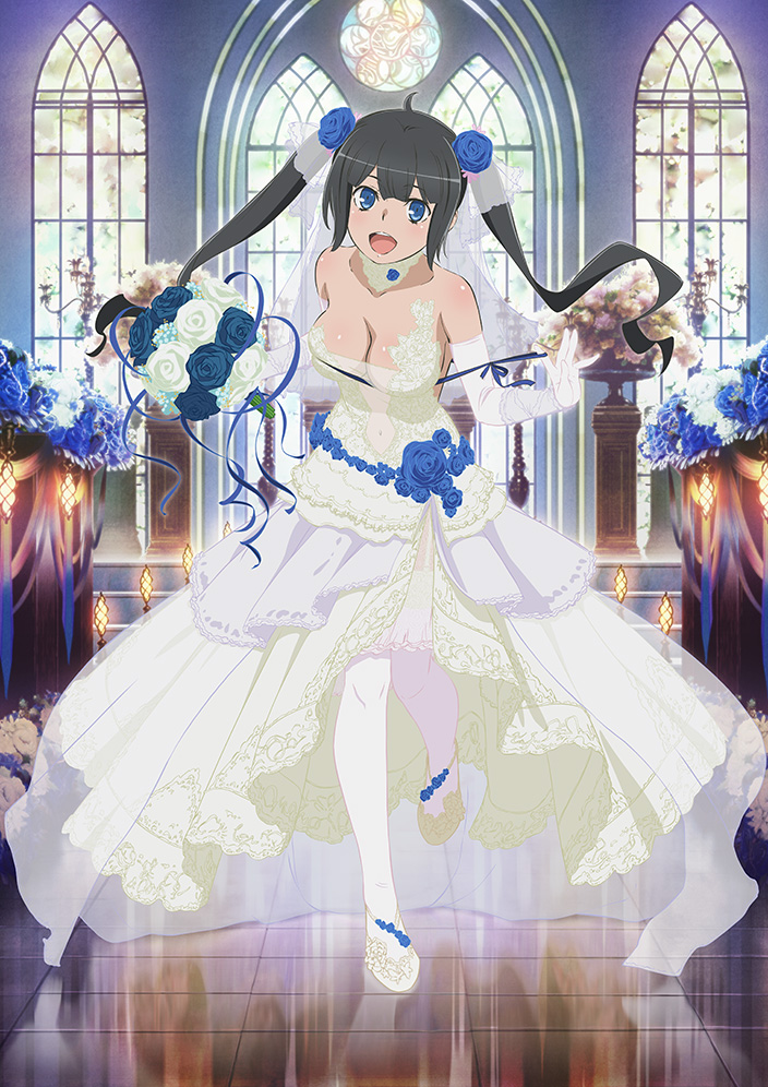 Illustration originale montrant Hestia, de la licence Danmachi, en tenue de mari&eacute;e