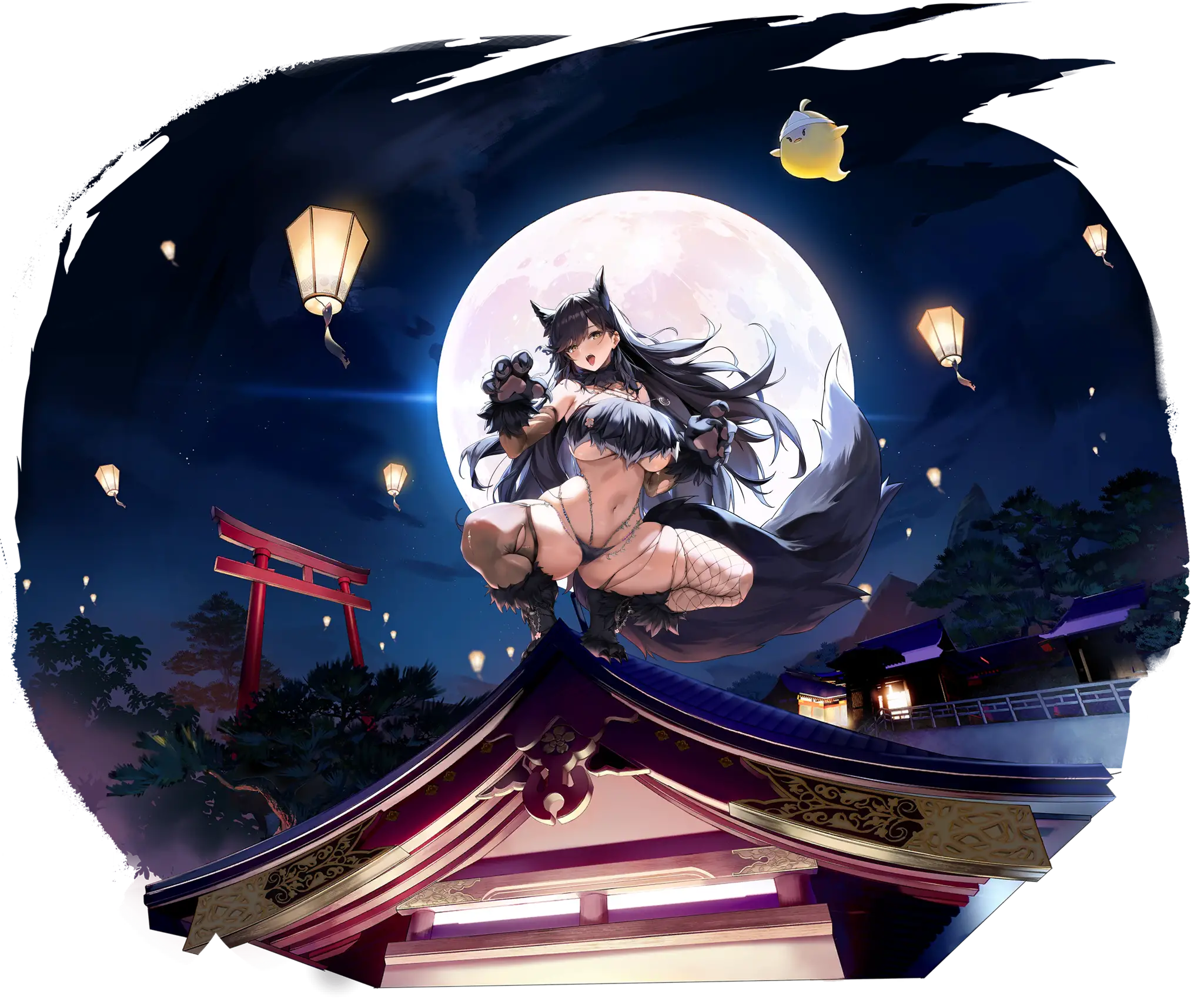 Illustration dessin&eacute;e par 木shiyo, repr&eacute;sentant le Croiseur lourd de la faction Sakura Empire du jeu Azur Lane, Atago dans son skin Full Moon's Feral Wolf.
