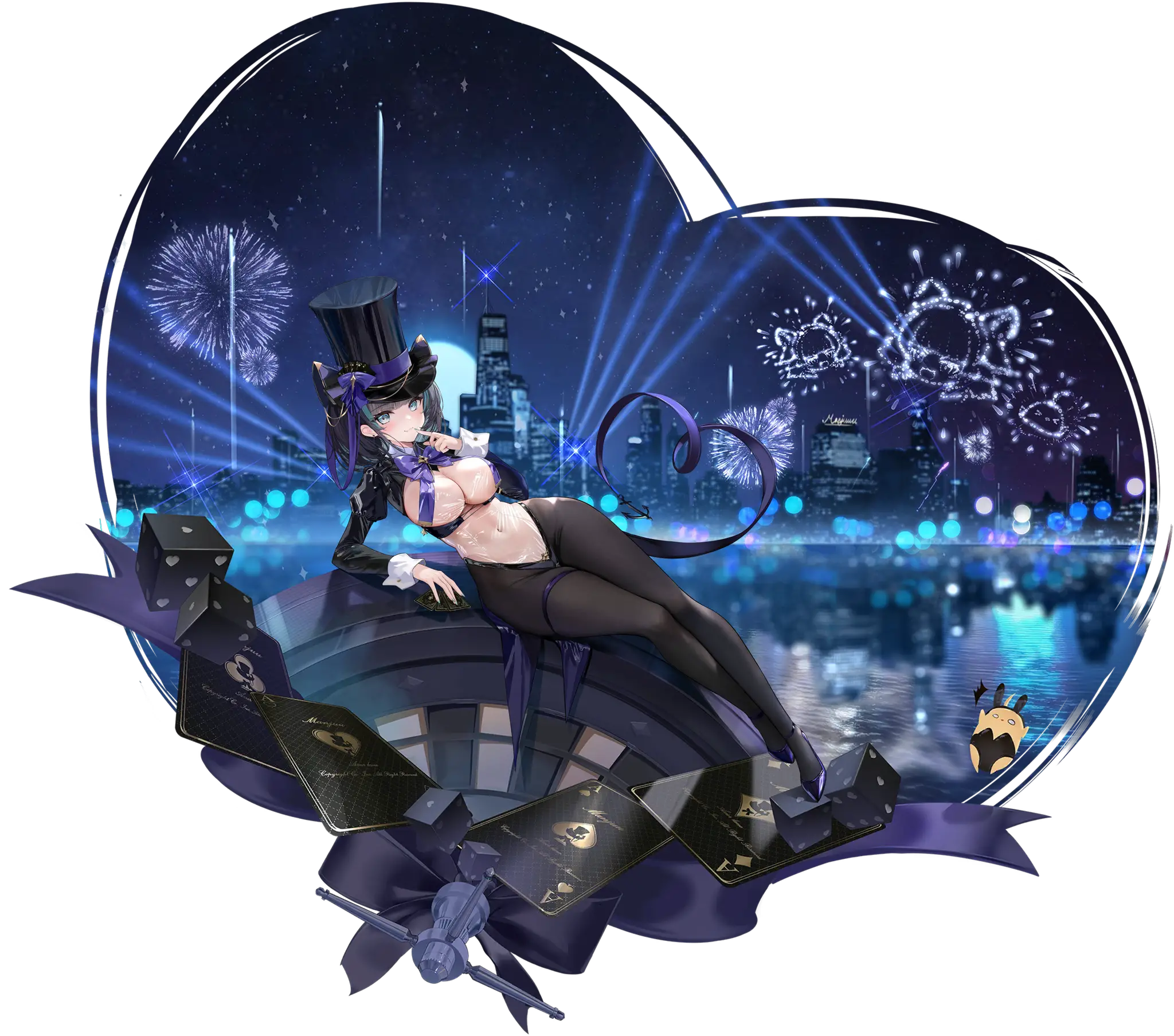 Illustration dessin&eacute;e par 全班最菜嘤嘤嘤 (Zelda10010), repr&eacute;sentant le Croiseur Lourd de la faction Royal Navy du jeu Azur Lane, Cheshire dans son skin The Cat in the Magic Hat.