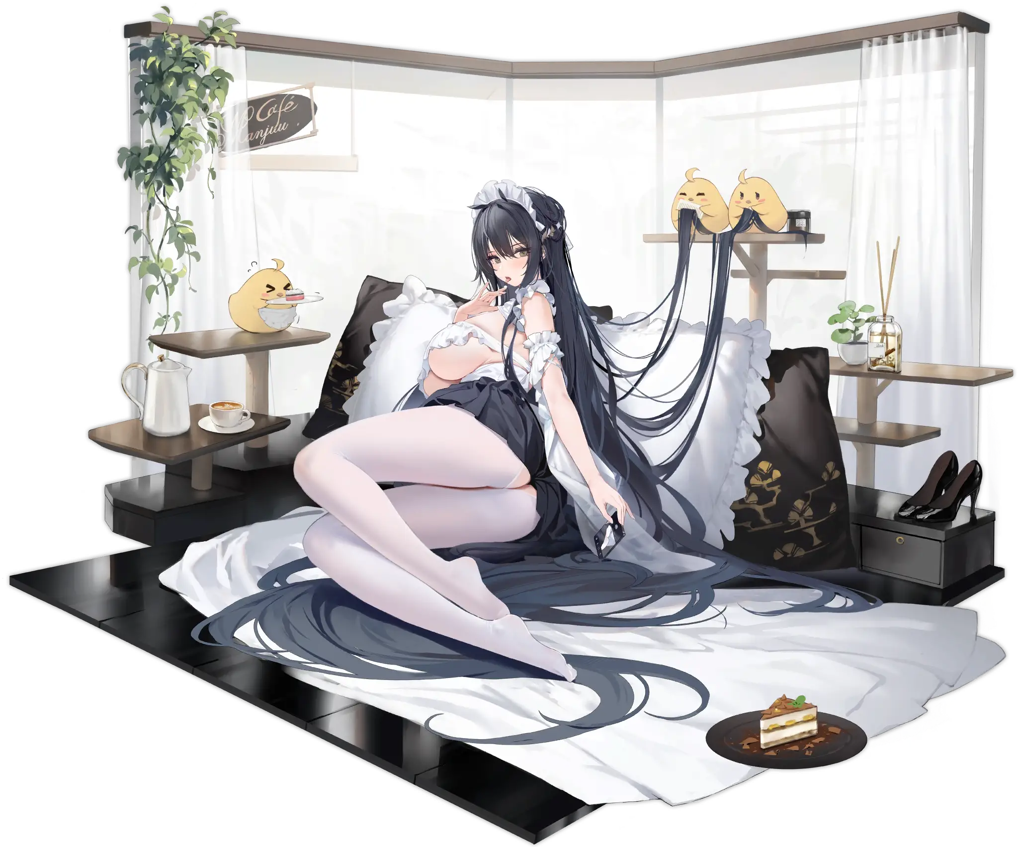 Illustration du Skin  Ms. Motivationless Maid du personnage d'Indomitable, le porte-avions de classe Illustrious de la faction Royal Navy, disponible dans le jeu Azur Lane, dessin&eacute;e par Kincora.