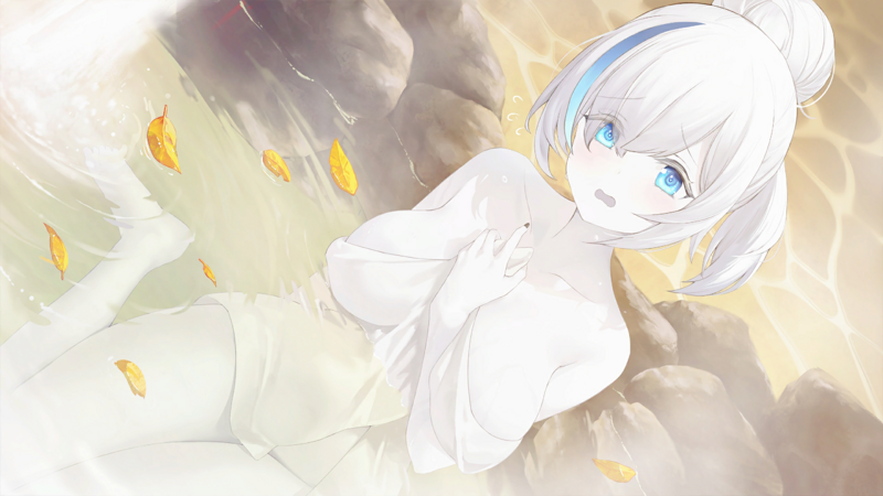 Illustration repr&eacute;sentant TB du jeu Azur Lane profitant d'un moment de d&eacute;tente dans un Onsen (source chaudethermale japonaise)